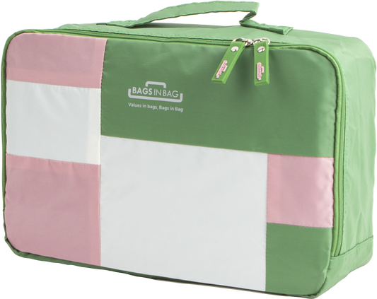 Bags in Bag Colorful Nylon Travel Organizer Packing Cubes | 12" x 7" x 4" | Green Pink White